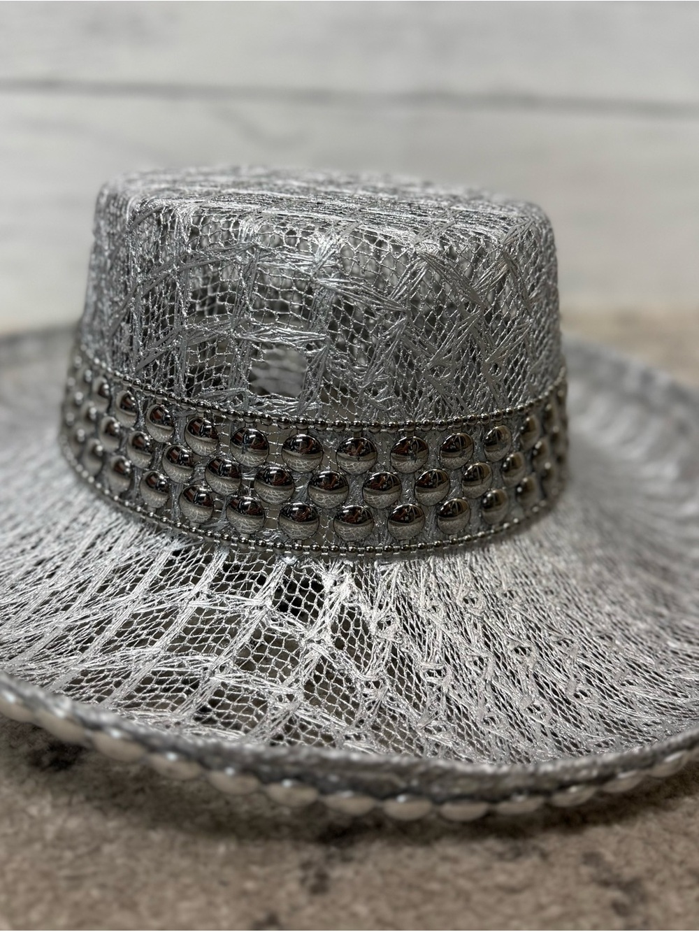 Silver Decorative Mesh Wide-Brim Hat with Studded Band by The Icing